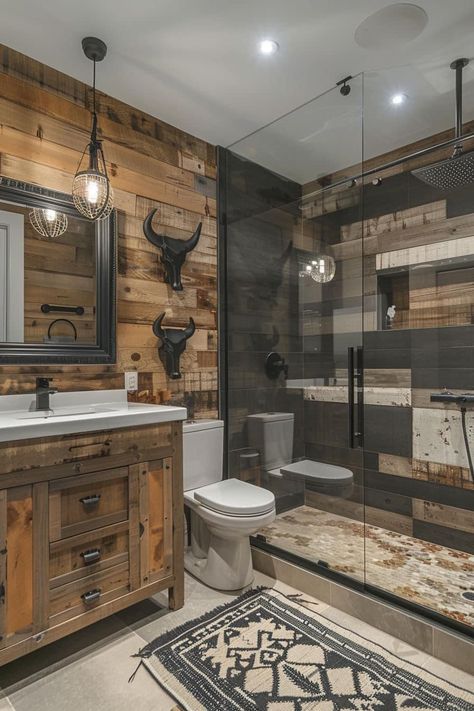 Country Bathrooms Rustic, Rustic Western Bathroom Ideas, Cowboy Western Decor, Rustic Home Remodel Ideas, Western House Outside, House Design Western, House Decor Western, Barndominium Decorating Ideas, Shower Only Bathroom Ideas