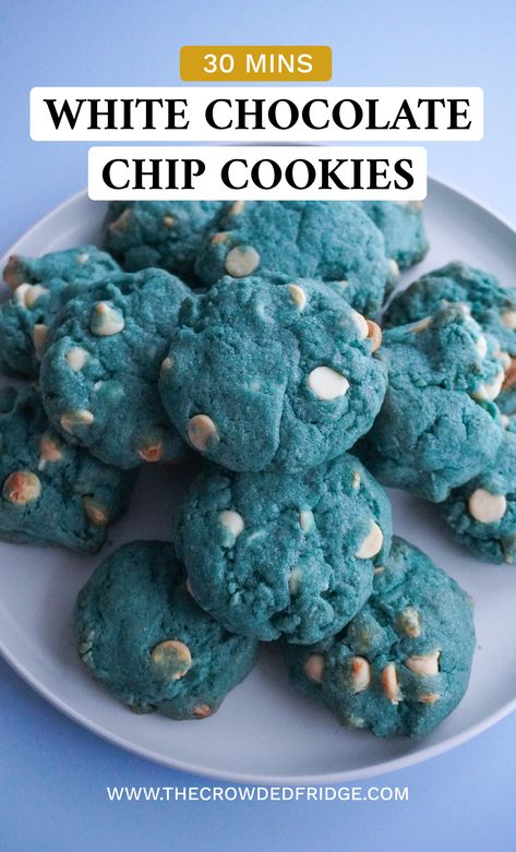 White Chocolate Chip Cookies Blue Chocolate Chip Cookies, Blue Party Foods, Blue Snacks, Mini Chocolate Chip Cookies, White Chocolate Chip, Party Snack Food, Blue Cookies, Blue Desserts, White Cookie