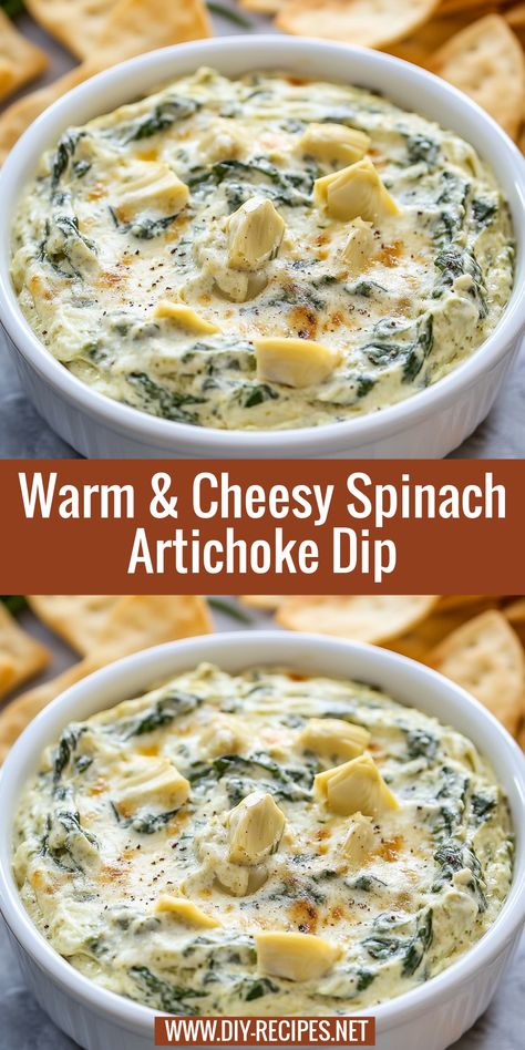 Enjoy the irresistible combination of spinach, artichokes, and cheese with this warm, baked dip. Perfect for a party or snack night! Best Hot Spinach Artichoke Dip, Spinach Artichoke Dip Oven Baked, Spinach Artichoke Dip No Cream Cheese, Knorr Spinach Artichoke Dip Recipe, Longhorn Spinach Artichoke Dip, Spinach Artichoke Dip Fresh Spinach, Cottage Cheese Spinach Artichoke Dip, Artichoke Dip With Cream Cheese, Best Spinach And Artichoke Dip