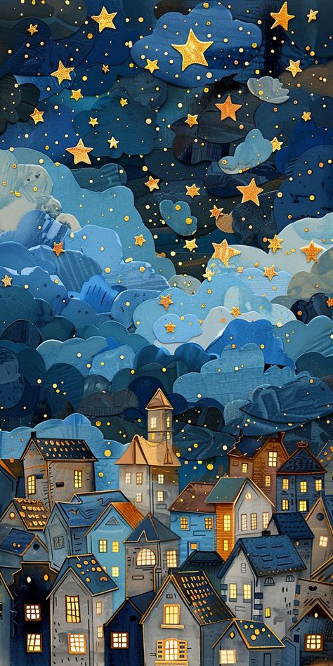 #WhimsicalCityscape #Nighttime #PaperCutouts #CollageTechniques #Dreamy #Magical #TheCandie Murmuration Art, Night Scenes, Inspirational Digital Art, Arte Folk, Night Sky Painting, Night Illustration, Paper Cutouts, Winter Illustration, Collage Techniques