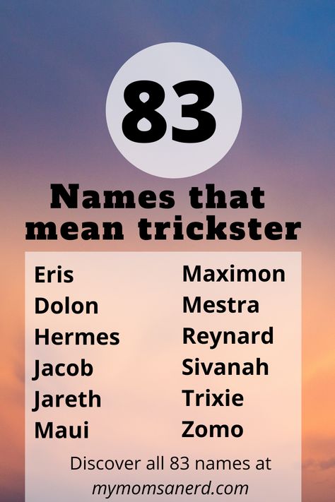 83 names that mean trickster, cunning, mischief, and deceit. From normal to mythical, you'll discover something perfect here! #names #writing #creativewriting #history #trivia #myths #legends Names That Mean Trickster, Mythical Names And Meanings, Names That Mean Mischief, Jester Names, Names Writing, Magic Names, French Slang, Oc Names, Nerdy Baby