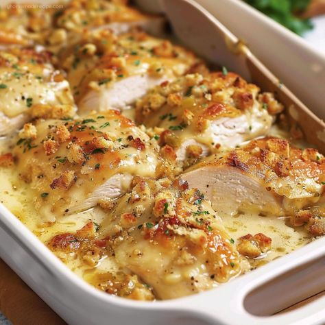 Chicken Casserole Dishes For Dinner, Chicken With Swiss Cheese Recipes, Creamy Swiss Chicken Bake, Chicken Swiss Bake, Swiss Cheese Chicken Bake, Swiss Chicken Bake With Stuffing, Chicken Swiss Cheese Stuffing Casserole, Chicken Casserole Stuffing, Sunday Casserole Dinner