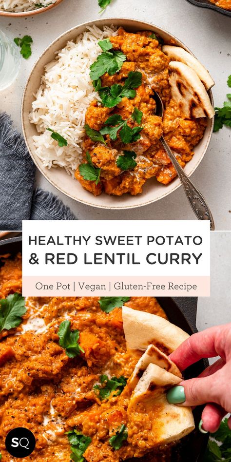 This creamy Red Lentil Curry includes sweet potatoes, coconut milk, and just 9 other ingredients! Made in just one pot, it's also vegan, gluten-free, and healthy! Great Recipe for Lunch and Dinner. Make it for your next Meal Prep. Easy healthy Recipe. Creamy Sweet Potato & Red Lentil Curry | Vegan & Gluten-Free | Simply Quinoa Tulsa King, Sweet Potato Lentil Curry, Curry Healthy, Red Lentil Recipes, Red Lentil Curry, Bowls Recipes, Sweet Potato Lentil, Vegetarian Christmas, Fall Appetizers