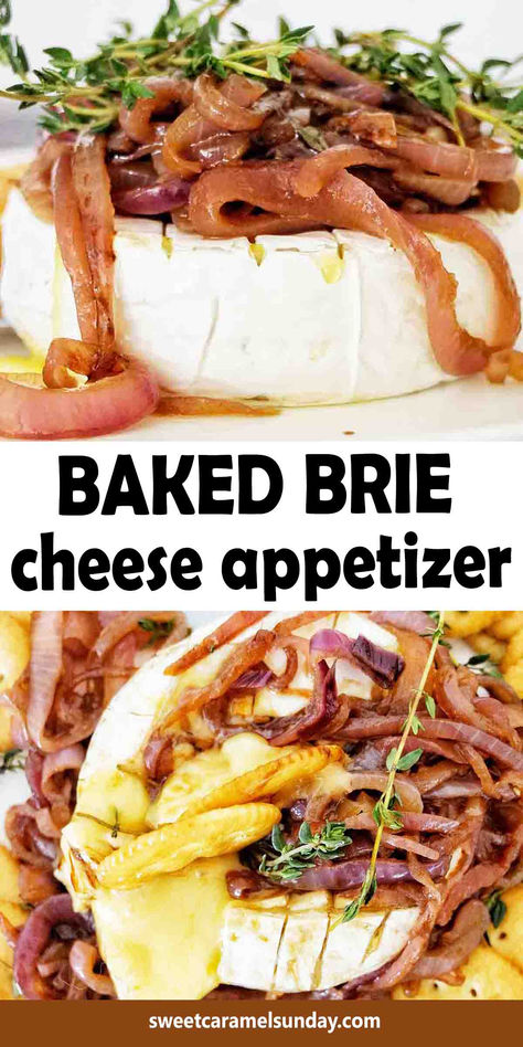 Baked brie on white plate with caramelized onions on top. There is text written between 2 images. Brie And Onion Appetizer, Appetizer For Christmas, Brie Cheese Appetizer, Wine And Cheese Night, Onion Appetizers, Baked Brie Cheese, Cheese Night, Roasted Garlic Recipe, Cheese Appetizer