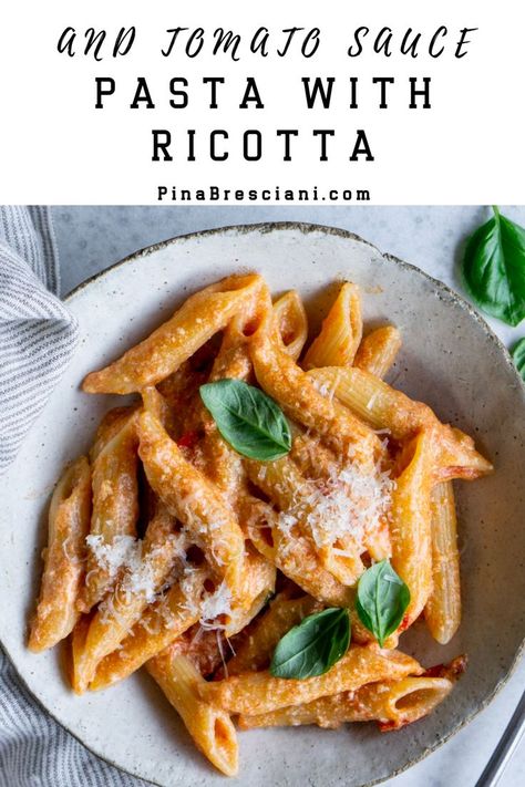 Pasta With Ricotta And Tomato Sauce in a bowl Tomato Basil Ricotta Pasta, Red Sauce With Ricotta Cheese, Ricotta Red Sauce Pasta, Ricotta Tomato Sauce, Cherry Tomato Ricotta Pasta, Ricotta Sauce Pasta, Pasta With Ricotta Cheese Simple, Creamy Roasted Tomato Ricotta Pasta, Easy Ricotta Pasta Recipes