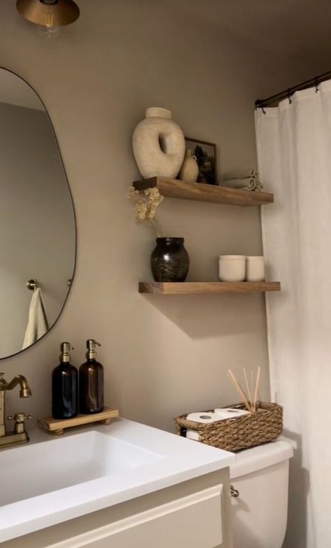 21+ Actually Amazing Guest Bathroom Counter Ideas That Will Elevate Your Decor - From Lemons To Luxury Apartment Powder Room Ideas, Bathroom Ideas Minimalist Small Spaces, Neutral Apartment Bathroom Decor, Aesthetic Bathroom Small Ideas, Brown Neutral Bathroom, Organic Modern Half Bathroom Ideas, Small Minimalist Bathroom Ideas, Neutral Aesthetic Home Decor Minimalist, Small Bathroom Aesthetic Ideas