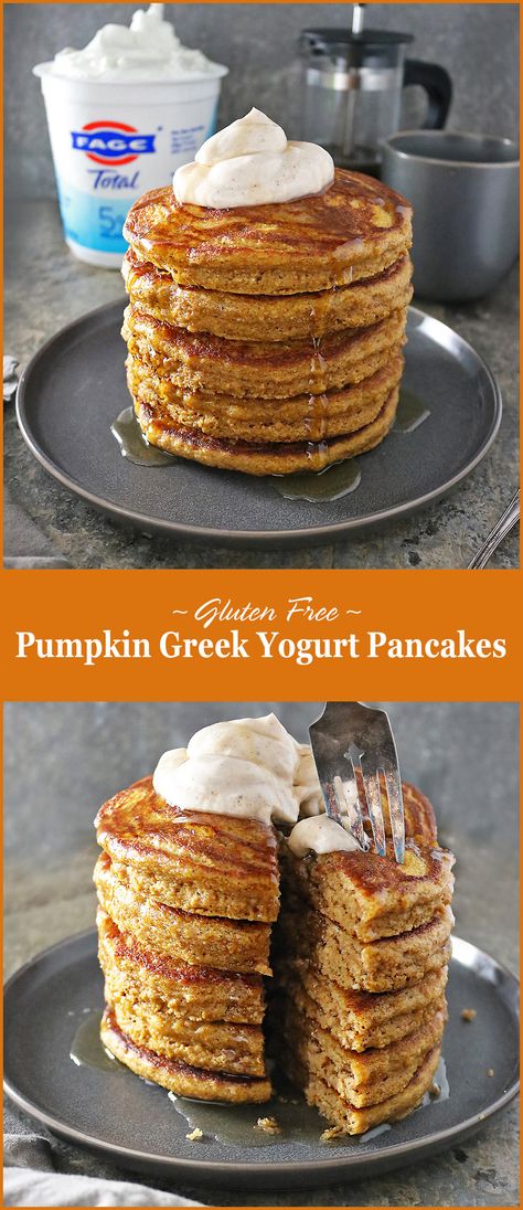 #ad Delicious Easy Gluten Free Pumpkin Greek Yogurt Pancakes Stack @fage @foodietribe #foodietribe Pumpkin Greek Yogurt, Pancakes Pumpkin, Pumpkin Pancakes Easy, Pumpkin Yogurt, Greek Yogurt Pancakes, Pumpkin Pancake Recipe, Yogurt Pancakes, Healthy Pancake Recipes, Recipe Pumpkin