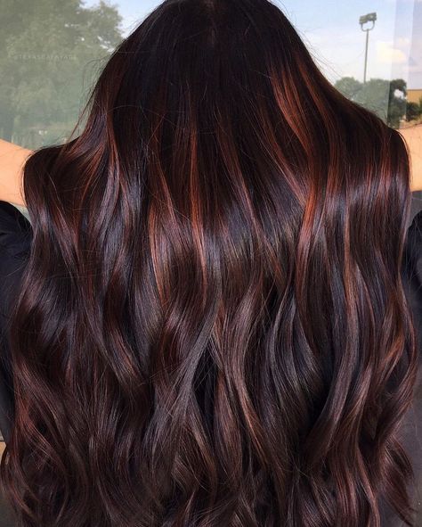 Mahogany Balayage, Curly Highlights, Mahogany Hair, Chocolate Brown Hair Color, Chocolate Hair, Balayage Hair Dark, Dark Hair With Highlights, Red Highlights, Winter Hair Color