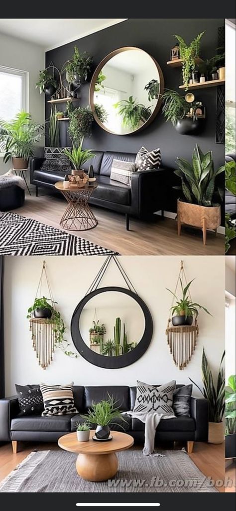 Plant Theme Living Room Decor, Black Apartment With Plants, Black And Natural Living Room Ideas, Boho House Plant Decor, Black Decor With Plants, Industrial Decor With Plants, Living Room Decor Inspo Aesthetic, Black Lounge Wall, Black Boho Sofa