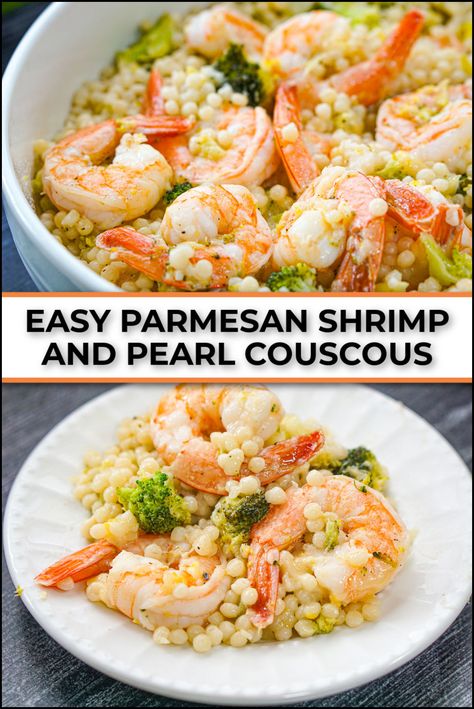 white bowl and plate with parmesan shrimp and couscous with text Shrimp Pearl Couscous, Lemon Shrimp Couscous, Shrimp Couscous Bowl, Best Pearl Couscous Recipe, Couscous And Shrimp, Healthy Pearl Couscous Recipes, Seafood Couscous Recipes, Casseroles With Shrimp, Fish And Couscous Recipe