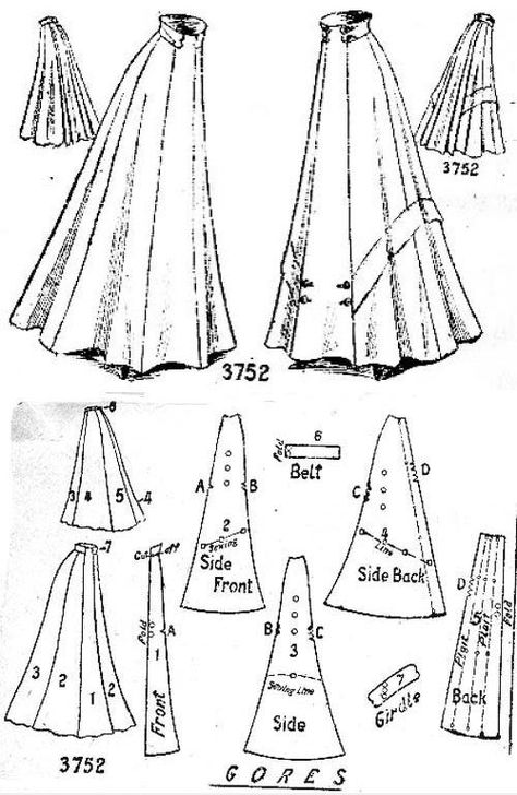 Ladies 8-gored skirt, Edwardian (1900s) More Steampunk Skirt Pattern, 1910 Skirt Pattern, Edwardian Skirt, Pola Rok, Victorian Skirt, Patron Vintage, Edwardian Dress, Costume Patterns, Victorian Clothing