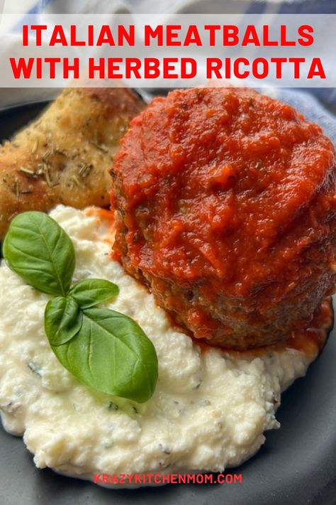 Italian Meatballs with Herbed Ricotta Creamy herbaceous whipped ricotta cheese topped with a large juicy Italian meatball. Serve it with a side of focaccia bread. Cheese Filled Meatballs, Whipped Ricotta Cheese, Recipes Using Ricotta Cheese, Recipe Using Ricotta, Easy Italian Meatballs, Herbed Ricotta, Ricotta Meatballs, Italian Meatball, Cheese Stuffed Meatballs