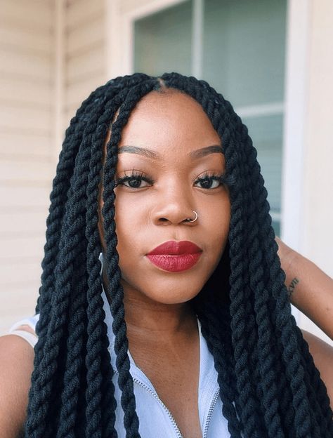 Long Curly Twist Braids, Yarn Twists Hairstyles, Yarn Twist Hairstyles Protective Styles, African Braids With Threads, Yarn Styles Hair Braids, Wool Twists Hairstyles, Wool Braids Hairstyles Natural Hair, Yarn Wool Hairstyles, Hairstyles With Wool Thread