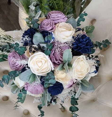 Navy Blue and Lavender Wooden Bouquet – My Dinosaur Dreams Lavender And Blue Flower Arrangements, Navy Blue Lavender Wedding, Navy Blue And Lavender Wedding Flowers, Lilac Navy Blue Wedding, Navy Blue Sage Green Lavender Wedding, Navy Blue And Lavender Wedding Theme, Purple Blue And Cream Wedding, Lavender Navy Wedding, Blue Purple And White Wedding Flowers