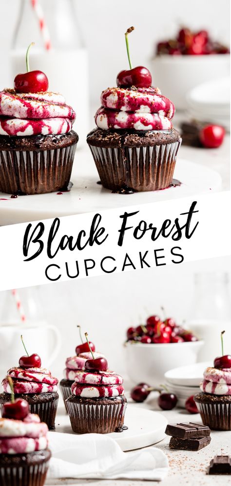 Chocolate Cherry Cupcakes, Forest Cupcakes, Black Forest Cupcakes, Cherry Compote, Cherry Cupcakes, German Cake, Unique Cupcakes, Cherry Filling, Gourmet Cupcakes