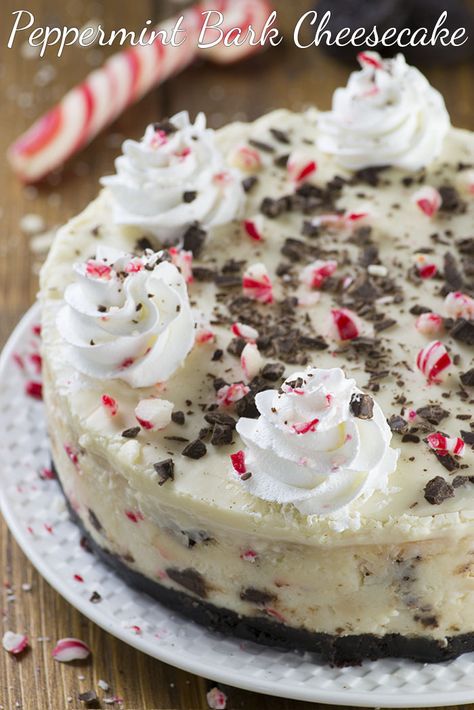 Peppermint Bark Cheesecake - It has three delicious layer-Oreo crust, creamy cheesecake filling loaded with peppermint bark pieces and white chocolate ganache on top garnished with crushed candy canes, whipped cream and chocolate. Peppermint Bark Cheesecake, Peppermint Dessert, Peppermint Bark Recipes, Christmas Cheesecake, Peppermint Cheesecake, Best Christmas Desserts, Bark Recipe, Homemade Holiday, Peppermint Bark