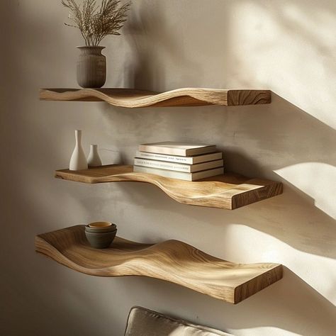 Sleek and Modern: The Versatility of Floating Shelves 🌿✨ Floating shelves bring a contemporary touch to any room. Ideal for creating a stylish, clutter-free environment. Branch Shelves, Bookshelf Unique, Wavy Shelf, Live Edge Floating Shelves, Books Shelf, Driftwood Shelf, Bookshelf Wall, Long Floating Shelves, Floating Bookshelf