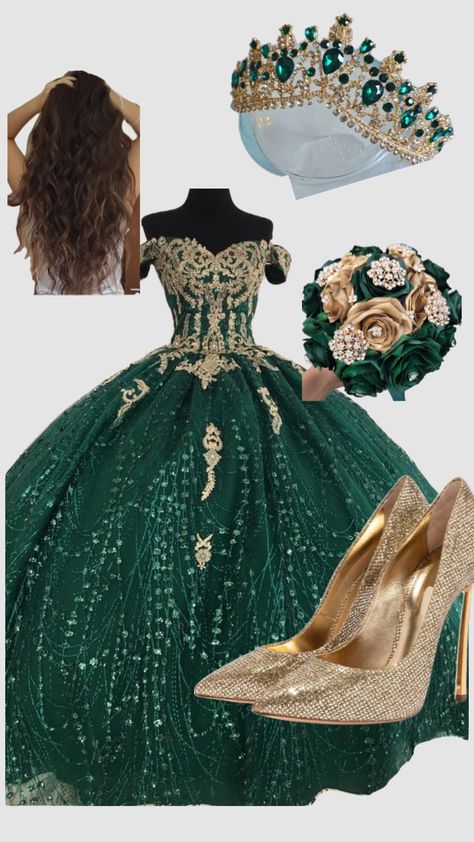 #quincenera #quince #dress Emerald Green Quinceanera Dresses Butterfly, Quncie Dresses Green, Green Themed Quinceanera, Emerald And Gold Quinceanera Dress, Quince Dark Green, Green And Gold Quince Dress, Dark Green Quince Dress, Aesthetic Quinceanera Dresses, Dress Shuffles