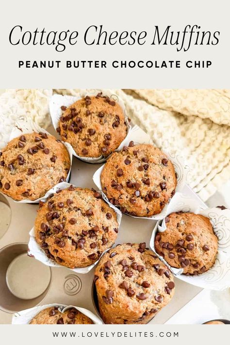 Peanut Butter Chocolate Chip Muffins come together in under 30 minutes. These high protein muffins are loaded with drippy peanut butter and cottage cheese. Cottage cheese makes these muffins moist and have the best texture. A delicious treat that is healthy enough for breakfast. Healthy Muffins High Protein, Protein Chocolate Chip Muffins Cottage Cheese, Protein Muffins Peanut Butter, Cottage Cheese Banana Muffins Healthy, Cottage Cheese Pumpkin Chocolate Chip Muffins, High Protein Breakfast Muffins Low Carb, Protein Muffins Chocolate Chip, Peanut Butter And Cottage Cheese, High Protein Chocolate Chip Muffins