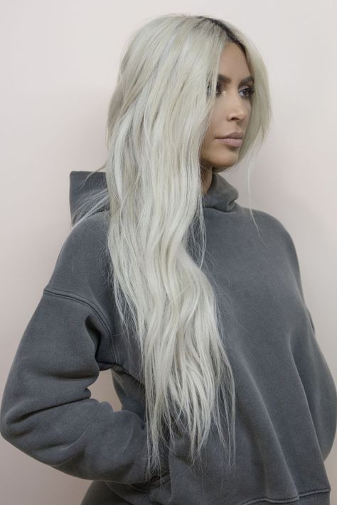 Kim kardashian for Yeezy season 6 with long blonde platinum hair color #haircolor #hair #kimkardashian #platinum mblonde Kim Kardashian Blonde, Older Hair, Blonde Platinum, Platinum Hair Color, Kim Kardashian Hair, Kardashian Hair, Hair Colorful, Hair Color Blonde, Boys Hair