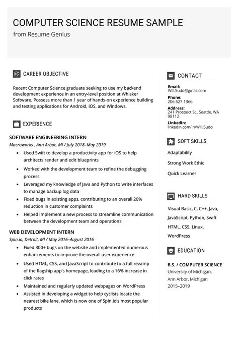 Computer Science Resume Sample & Writing Tips | Resume Genius Computer Science Tips, Computer Science Jobs, Computer Science Student, Software Skills Resume, Computer Science Internship, Computer Science Resume, Data Science Resume, Work Experience Resume, Resume Format For Freshers Engineer