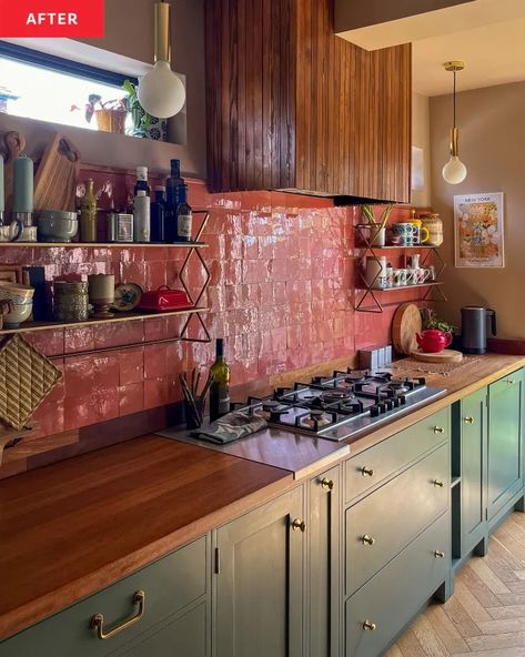 Before & After: A “Drab” ‘80s Kitchen Gets a Colorful Makeover | The Kitchn Green Cabinets In Kitchen, Pink Tiles Kitchen, Pink Backsplash Kitchen, Pink Kitchen Backsplash, Green Tiles Kitchen, Pink Tile Backsplash, Pink Kitchen Cabinets, 1980s Kitchen, 80s Kitchen