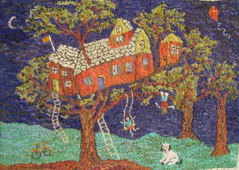 Treehouse 34″ x 48″ Sharon Smith, Rug Hooking Kits, Hooked Rugs Primitive, Rug Hooking Designs, Wool Work, Hook Rug, Rug Studio, Primitive Rugs, Whimsical Paintings