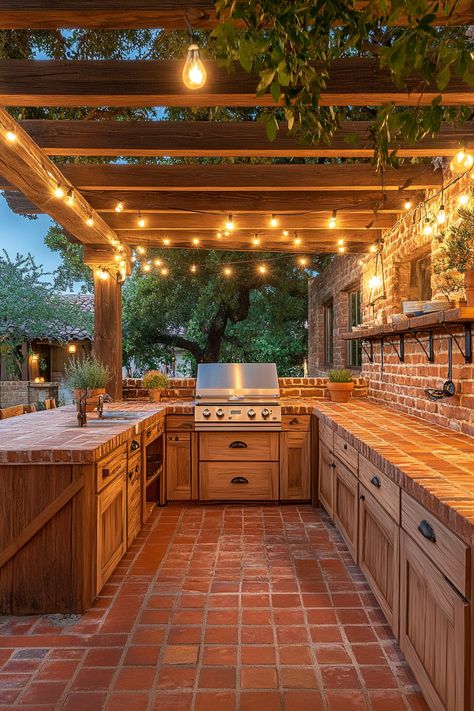 ♥ Are you dreaming of the perfect outdoor oasis for entertaining friends and family? Get inspired by this amazing patio furniture set up, featuring a cozy outdoor grill area and stunning backyard patio designs. Whether you're looking for simple or luxury outdoor kitchen ideas, this rustic outdoor kitchen with a covered area is sure to impress! 🌿🍴 #patiofurniture #outdoorkitchen #backyardpatio #rusticdesign Ranch Outdoor Kitchen, Back Covered Patio Ideas Farmhouse, Outside Grill Ideas Built Ins Patio, Outdoor Kitchen And Pool Ideas, Outdoor Pavilion With Kitchen, Outdoor Farm Kitchen, Simple Outdoor Kitchen Design, Outside Grill Area, Backyard Patio Designs Covered