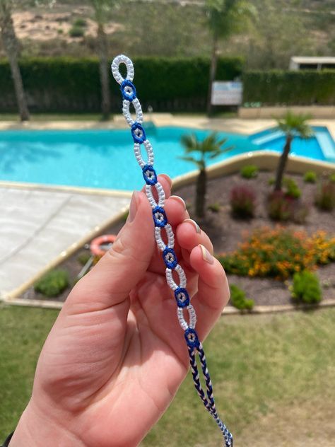 Evil Eye Bracelet Pattern, Blue Friendship Bracelet Patterns, Blue Bracelet Patterns, Evil Eye Friendship Bracelet Pattern, 6 String Bracelet Patterns, Knot Bracelet Patterns, Bracelet Patterns String, Braclete Pattern, Cool Friendship Bracelet Patterns