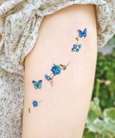 Butterfly Tattoos With Meaning, Unique Butterfly Tattoo Designs, Tato Geisha, Blue Flower Tattoos, Butterfly Neck Tattoo, Pretty Flower Tattoos, Blue Butterfly Tattoo, Unique Butterfly Tattoos, Butterfly Wrist Tattoo