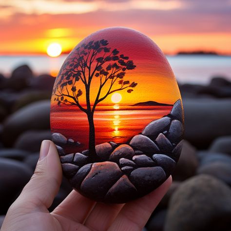 33 Inspirational Ideas for Rock Painting Landscapes - In The Playroom Painting On Pebbles Stone Art, 3d Painted Rocks, Sunrise Rock Painting, Painted Rock Landscaping Ideas, Painting Stones And Rocks, Paint On Stone, Beautiful Painted Rocks, Painting On Stones Ideas, Painted Rocks Landscape