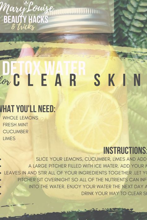 Detox water for clear, flawless skin and flat tummy! Easy DIY drinks that will help give you flawless skin. Fruits and Veggies for clear skin and body detox. #skin #clearskin #acne #acnescars #detox #beautyhack #skincareroutine #easyskincarediy #DiySkinCream Easy Diy Drinks, Before And After Makeup Transformation, Clear Flawless Skin, Acne Detox, Detox Water For Clear Skin, Clear Skin Detox, Skin Drinks, Diy Drinks, Detox Water Recipes