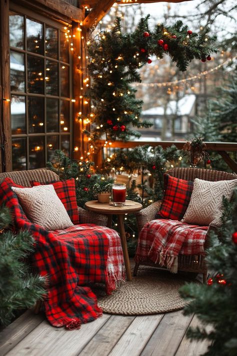 18 Creative Outdoor Christmas Decor Ideas For 2024 17 Deck Holiday Decorating, Country Christmas Outdoor Decor, Outdoor Christmas Aesthetic, Cozy Winter Porch Ideas, Decorating Deck For Christmas, Cozy Christmas Porch, Exterior Holiday Decor, Christmas Decor Patio, Christmas Pergola Decorations