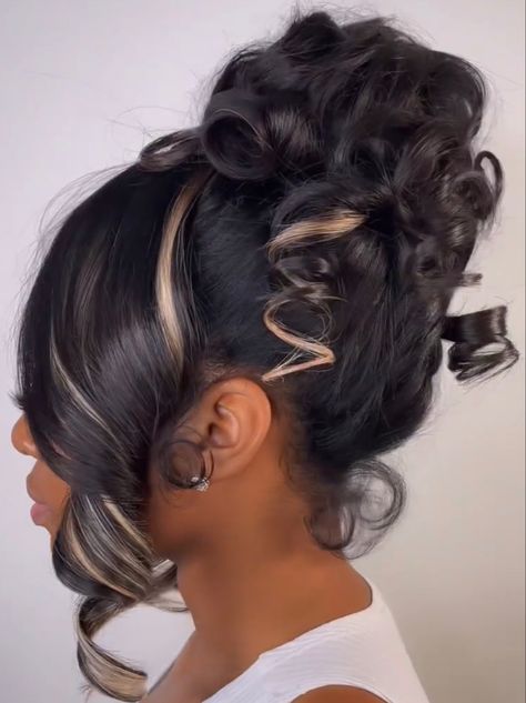 Long Hair Updo Black Women, Pincurls Updo Hair Black Women, Up Dos Hairstyles For Black Women, High Ponytail Hairstyles For Black Women With Swoop, Low Bun Bridesmaid Hair Black Women, Bridesmaid Hair Styles Black Women, Curled Updo Hairstyles Prom, Up Do Black Hairstyles, Curly Bun Updo With Side Bang