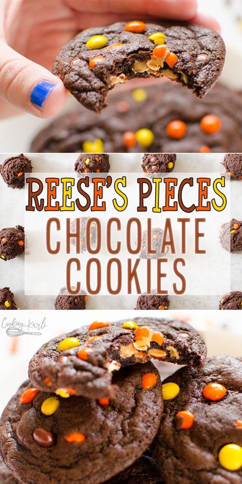 Chocolate Peanut Butter Cookies are a rich and chewy chocolate cookie filled with mini peanut butter Reese's Pieces! The peanut butter to chocolate ratio is absolutely perfect in these heavenly cookies! |Cooking with Karli| #chocolate #peanutbutter #reesespieces #cookie #cookierecipe #recipe #dessert Reese's Pieces Cookies, Cooking With Karli, Dessert Oreo, Reese's Pieces, Chewy Chocolate Cookies, Tiramisu Dessert, Chocolate Peanut Butter Cookies, Desserts Vegan, Recipe Dessert