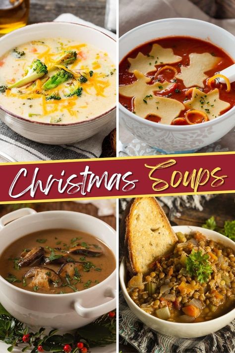 These Christmas soups are perfect for any holiday table! Make your feast even better with potato, broccoli cheddar, butternut squash, and more delicious soup recipes! Christmas Potato Soup, Soups For Parties, Soup For Brunch, Festive Soup Recipe, Soup For Ladies Luncheon, Christmas Dinner Soup Recipes, Soup Christmas Dinner, Starter Soup Recipes, Christmas Soup Recipes Crock Pot