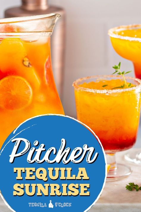 Pitcher tequila sunrise recipe Tequila Sunrise Pitcher, Big Batch Tequila Sunrise, Tequila Sunrise Pitcher Recipe, Tequila Pitcher Cocktails, Tequilla Sunrise, Tequila Punch, Tequila Orange Juice, Tequila Sunrise Recipe, Tequila Mixed Drinks