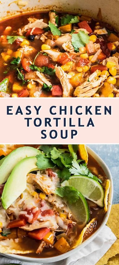 A classic and easy chicken tortilla soup recipe that's fresh and flavorful and loaded with veggies for a healthy boost! #sugarandcloth #recipe #dinnerideas #chickensoup #tortillasoup #chickentortillasoup #texmex #chickenrecipes #chickentortillasouprecipe Soup Toppings, Easy Chicken Tortilla Soup Recipe, Easy Chicken Tortilla Soup, Tortilla Soup Easy, Chicken Tortilla Soup Recipe, Chicken Tortilla Soup Easy, Chicken Tortillas Soups Recipe, Tortilla Soup Recipe, Chicken Tortilla Soup