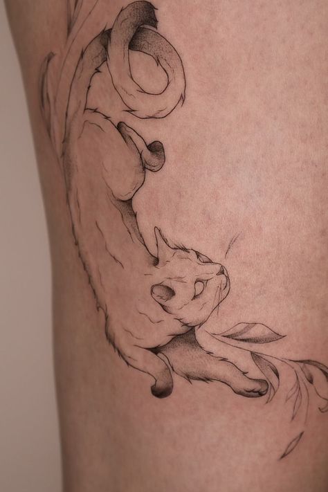 Cat Tribute Tattoo Ideas, Cat Spirit Tattoo, Laying Cat Tattoo, Cat Cloud Tattoo, Dragon Cat Tattoo, Edgy Cat Tattoo, Cat Dragon Tattoo, Elegant Cat Tattoo, Cat Stomach Tattoo