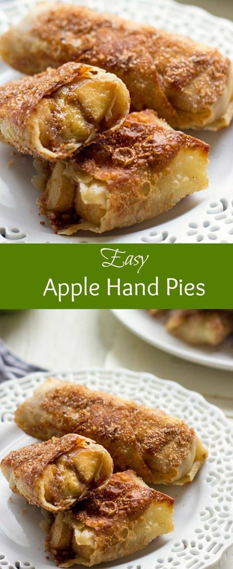 These delicious Apple Hand Pies are a quick and easy dessert idea for your sweet tooth. Granny Smith apples stuffed egg roll wrappers are seared till brown and crispy and finished with a generous sprinkle of cinnamon sugar. It's a simple no bake fall recipe which is also great for breakfast or brunch. #lavenderandmacarons #breakfast #apples #brunch Green Apple Tart, Green Apple Dessert Recipes, Green Apples Dessert, Granny Smith Apples Recipes, Green Apple Recipes, Apple Pie Egg Rolls, Decadent Recipes, Pies Easy, Breakfast Brunch Menu