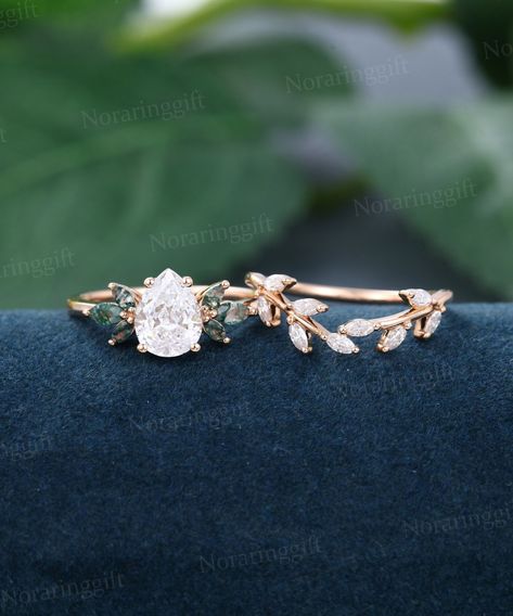 "Pear Lab Diamond Engagement ring set Vintage rose gold moss agate ring leaf Branch Marquise Moissanite wedding ring set Anniversary gift -----Ring Information----- Engagement ring +Center stone: 6*8mm Lab Diamond (Color: DEF, Clarity: VS) +Cut type: Pear shaped +Side Stone: Moss agate Approx weight: 0.3ctw Wedding band  +Stones: Natural Diamonds or Moissanite Approx weight: 0.31ctw Metal : Solid 14k/18k yellow gold white gold or rose gold, other metal or gemstones, please contact me! Click on t Marquise Cut Wedding Rings, Opal Engagement Ring Set, Moonstone Engagement Ring Set, Morganite Engagement Ring Set, Cute Engagement Rings, Vintage Rose Gold, Lab Diamond Engagement Ring, Moonstone Engagement, Engagement Sets