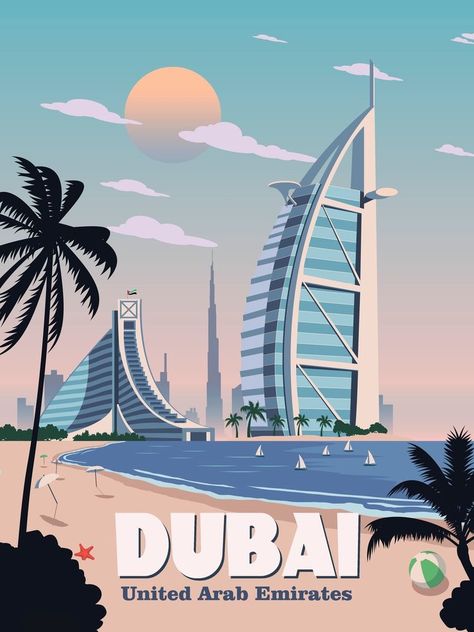 ~ NickVectorStudio Poster Vintage Retro, Burj Al Arab, Dubai City, Retro Travel Poster, Poster Illustration, City Illustration, Dubai Travel, Travel Illustration, Poster Retro