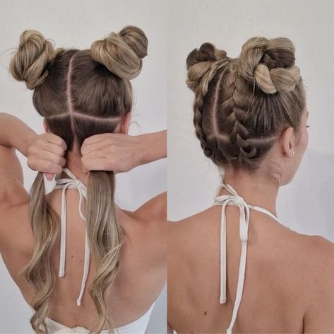 Pool Day Braided Space Buns 💦🔫☀️ | Pool Day Braided Space Buns 💦🔫☀️ | By Simple Summer Up Dos Long Hair, Chic Bun, Girl Hair Dos, Rave Hair, Space Buns, Peinados Fáciles Para Cabello Corto, Pool Day, Hair Stylies, Work Hairstyles