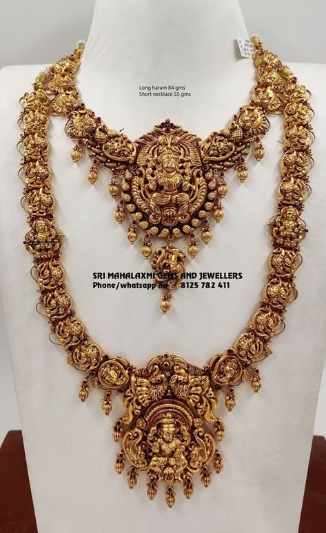 Temple jewellery set by Sri Mahalaxmi Gems and Jewellers Full Bridal Jewellery Set, Temple Jewellery Set, Necklace Set Indian Bridal Jewelry, Antique Gold Jewellery, Mango Haram, Antique Gold Necklace, Temple Jewellery Earrings, Jewelry Hacks, Temple Jewelry Necklace