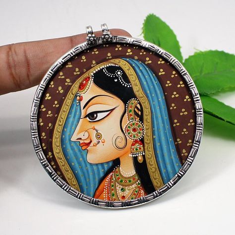 Indian Queen Painting-Hand Painted Indian Women-Large Round | Etsy Handmade Pendants Diy, Indian Queen Painting, Painting On Glass Frame, Round Painting Ideas, Jewellery Painting, Round Canvas Painting, Queen Painting, Indian Queen, Painting Jewelry