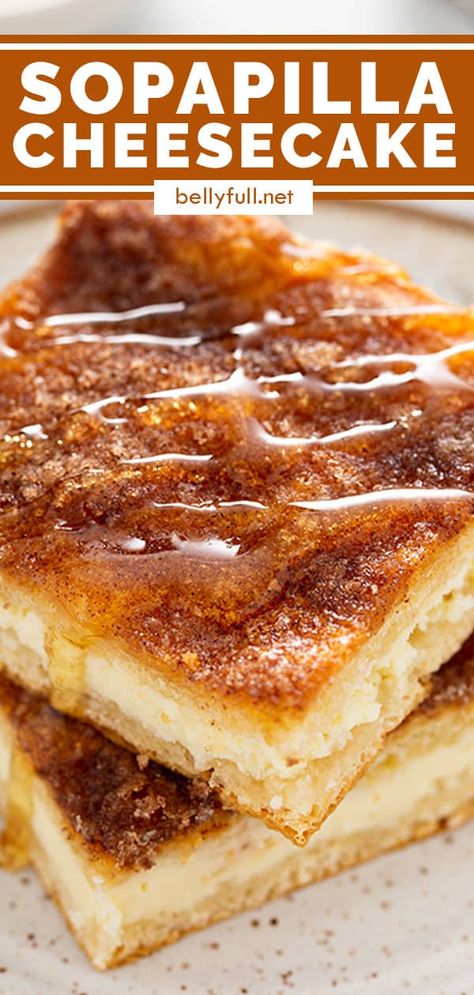 These Sopapilla Cheesecake bars are the best combination of New-Mexican sopapillas, churros, and cheesecake in one. Sweetened cream cheese between layers of cinnamon-sugar crust is to die for in this easy dessert recipe, great for potlucks! Easy Sopapilla Cheesecake, Mexican Dessert Recipes Easy, Sopapilla Cheesecake Bars, Mexican Feast, White Queso, Sopapilla Cheesecake, Cream Cheese Bars, Cheesecake Bar Recipes, Mexican Dessert Recipes