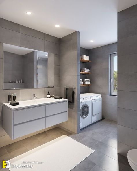 30 Smart Bathroom Design Ideas With Washing Machine | Engineering Discoveries Bathroom And Laundry Room Combo, Laundry Bathroom Combo, Designing A Bathroom, Mini Loft, Laundry Room Flooring, Laundry Room Bathroom, Smart Bathroom, Laundry Room Cabinets, Laundry Room Remodel