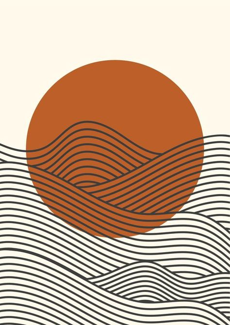 Geometric Pattern Design Graphics Abstract, Wave Drawing, Abstract Sunset, Abstract Wall Painting, Art Studio Room, Sun Painting, Summer Wall Art, Boho Painting, Sun Illustration