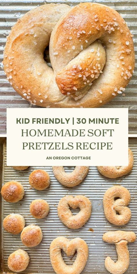 Amazingly easy homemade soft pretzels recipe with no complicated steps and no rising - they are ready in 30 minutes, making them perfect for easy snacks and fun meals. Made from scratch with just a few simple ingredients, these delicious pretzels are a great kitchen activity for the whole family. Give this simple process a try and create some unforgettable memories along with a healthy snack! Easy Homemade Soft Pretzels, Hearty Snacks For Kids, Quick Pretzel Recipe, Easy Salty Snacks Homemade, Cooking With Preschoolers Recipes Simple, Healthier Snacks For Kids, Healthy Baked Snacks For Kids, Easy Homemade Baked Goods, Easy Recipe For Kids To Make