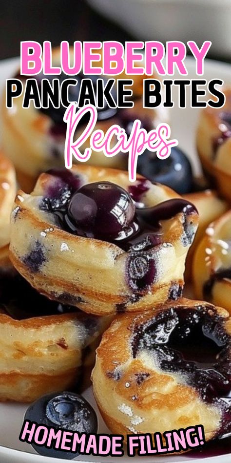 Blueberry Pancake Bites Pancake Pudding With Blueberries, Blueberry Cheesecake Pancakes, Blueberry Fritter, Pancakes Bites, Blueberry Pancake Muffins, Snacks To Bake, Blueberry Pancake Bites, Fritter Bites, Pancake Bites Recipe